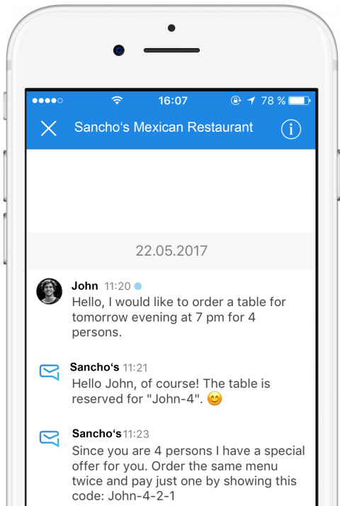 Order a table or message the customer service with thismo messenger app